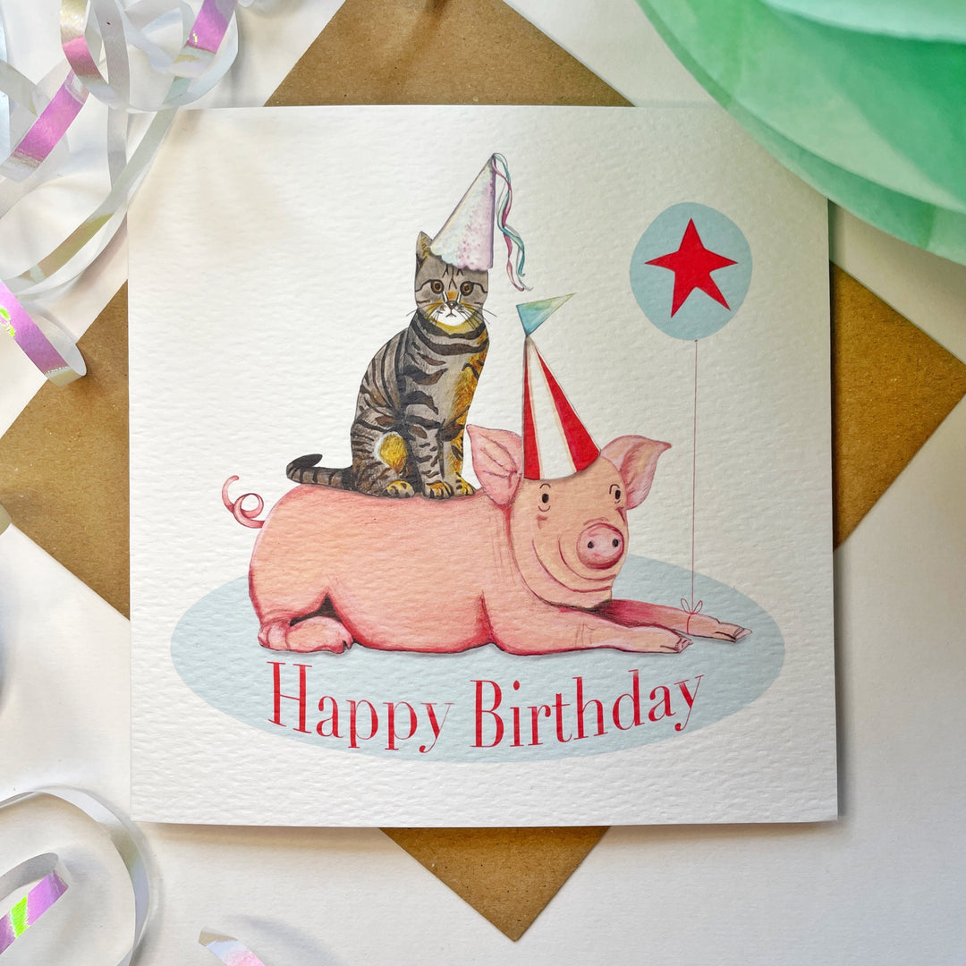 Luxury Party Pals Happy Birthday Card from the Welcome to the Party Collection | Pig | Cat | Hats | Vintage Party scene | Blank inside