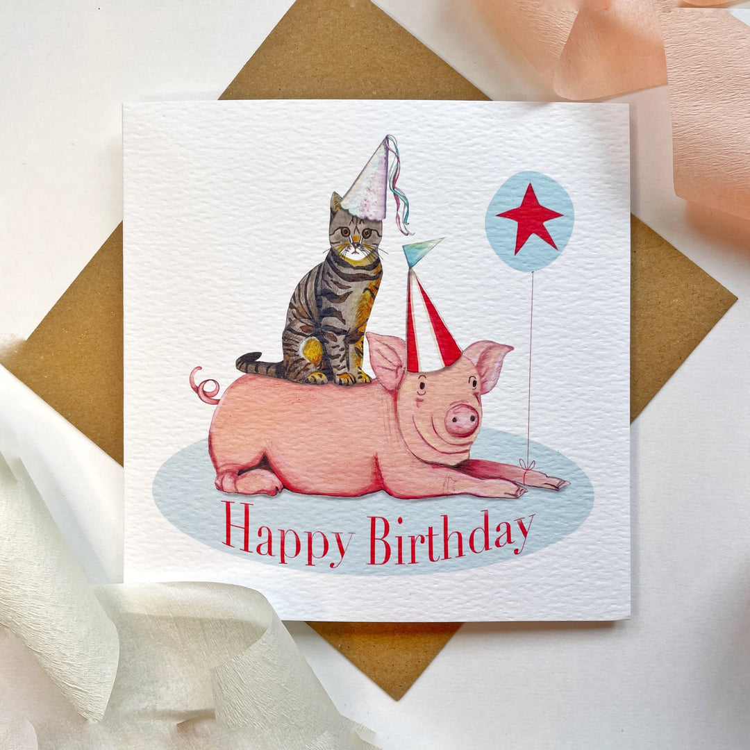 Luxury Party Pals Happy Birthday Card from the Welcome to the Party Collection | Pig | Cat | Hats | Vintage Party scene | Blank inside