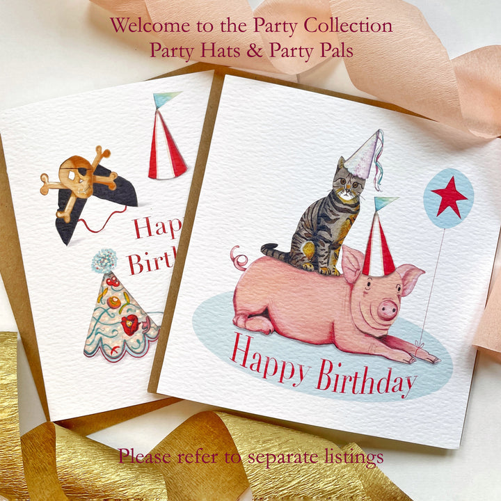 Luxury Party Pals Happy Birthday Card from the Welcome to the Party Collection | Pig | Cat | Hats | Vintage Party scene | Blank inside