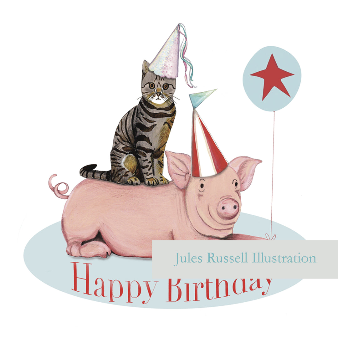 Luxury Party Pals Happy Birthday Card from the Welcome to the Party Collection | Pig | Cat | Hats | Vintage Party scene | Blank inside