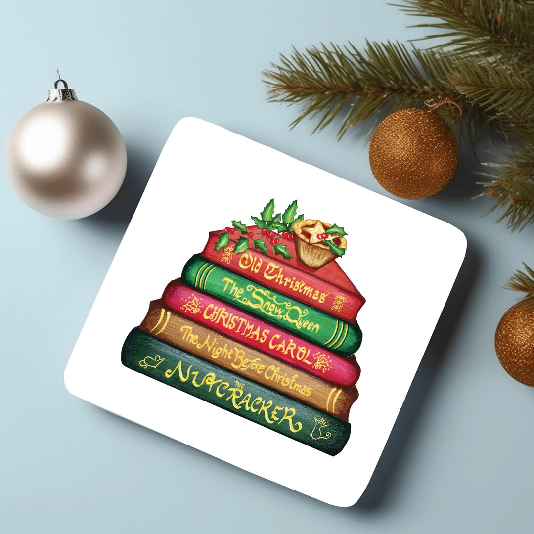 Classics Collection Christmas Book Stack Coaster | made in the UK with FSC sustainable wood | Includes Charles Dickens A Christmas Carol