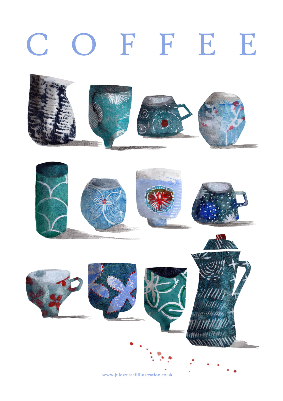 Coffee Mugs Blue Sashiko Collage Style 100% Organic Tea Towel