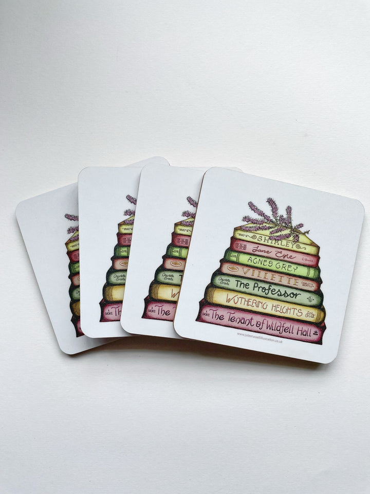 Set of 4 Bronte - A Touch of Heather Classics Collection Book Stack Coasters, Made in the UK using FSC sustainable wood