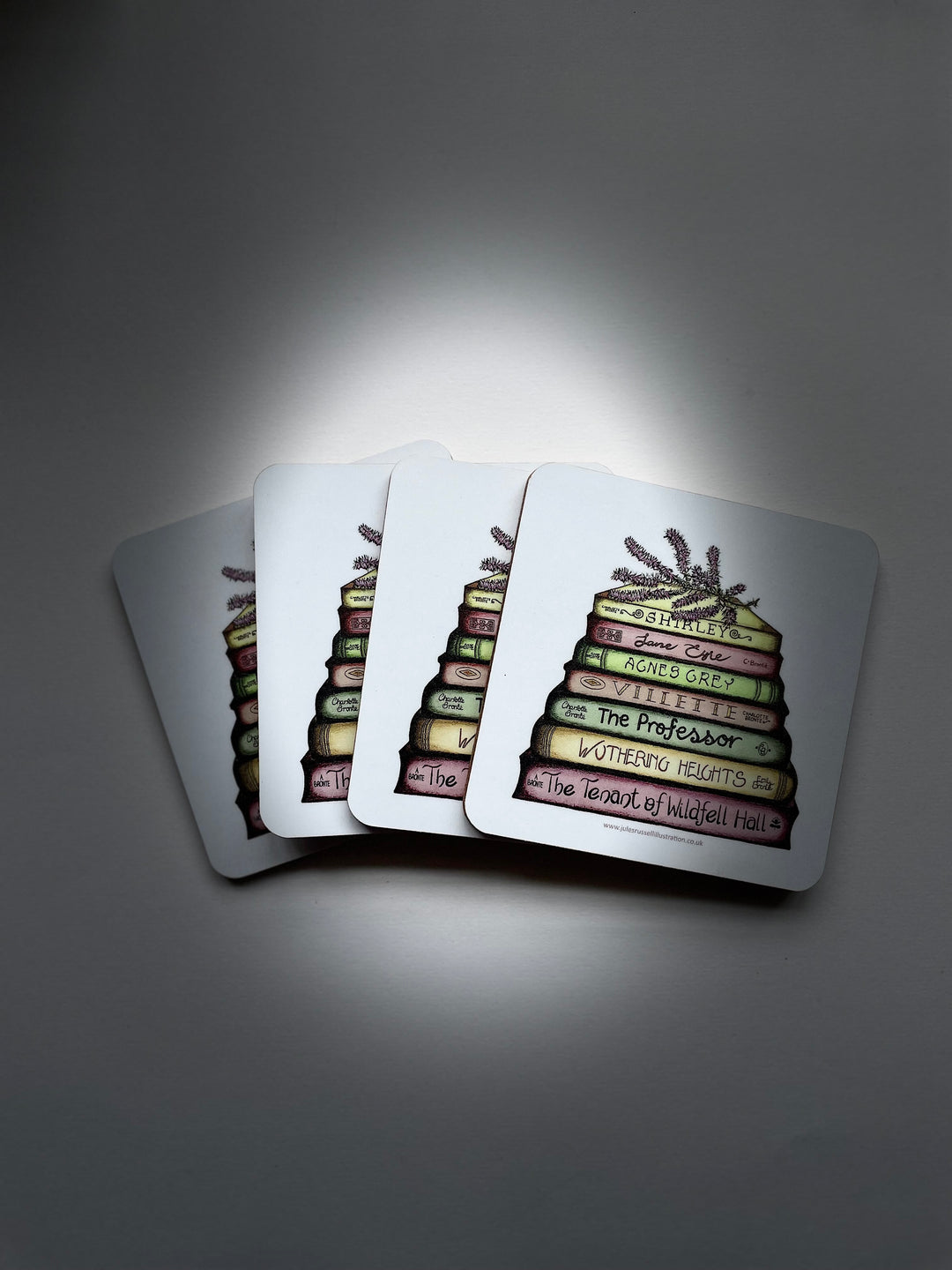 Set of 4 Bronte - A Touch of Heather Classics Collection Book Stack Coasters, Made in the UK using FSC sustainable wood