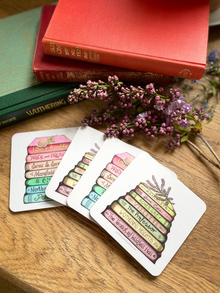 Set of 4 Jane Austen and Bronte Sisters Book Stack Coasters, Made in the UK using FSC sustainable wood