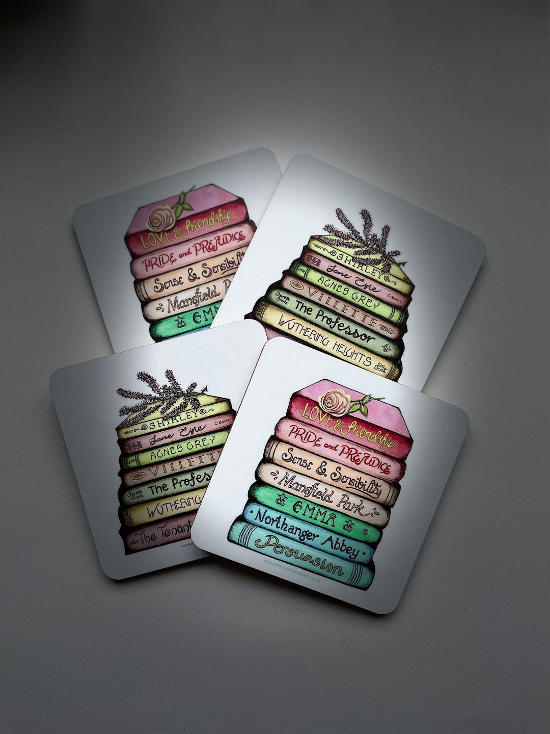 Set of 4 Jane Austen and Bronte Sisters Book Stack Coasters, Made in the UK using FSC sustainable wood
