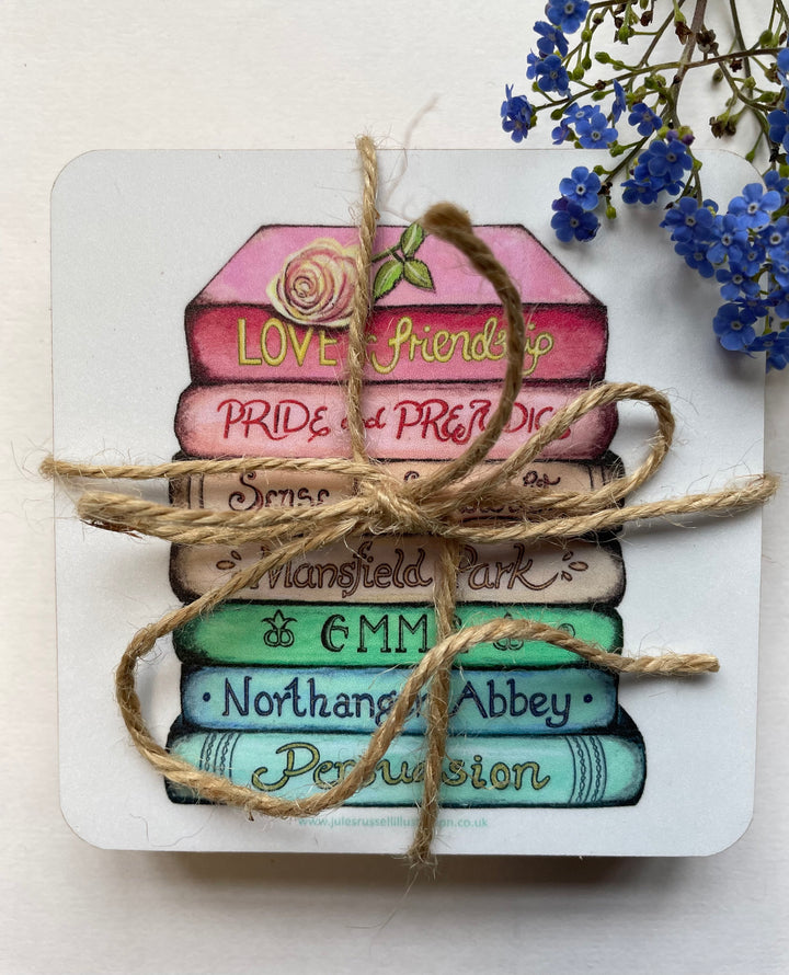 Jane Austen Classics Collection Book Stack Coasters (set of 4), Made in the UK using FSC sustainable wood