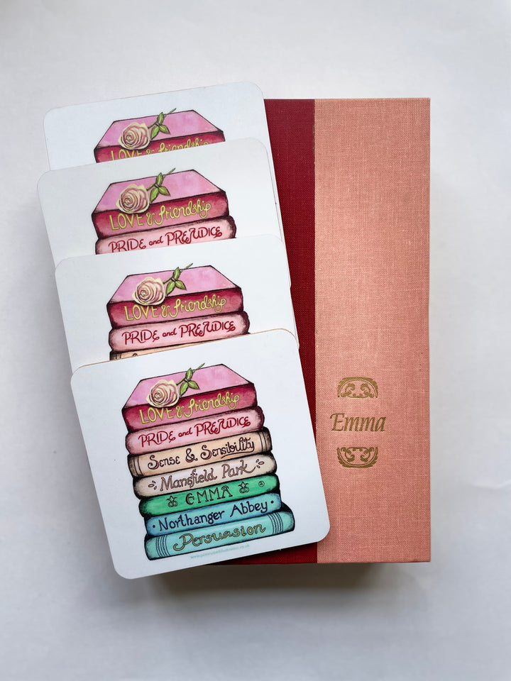 Jane Austen Classics Collection Book Stack Coasters (set of 4), Made in the UK using FSC sustainable wood