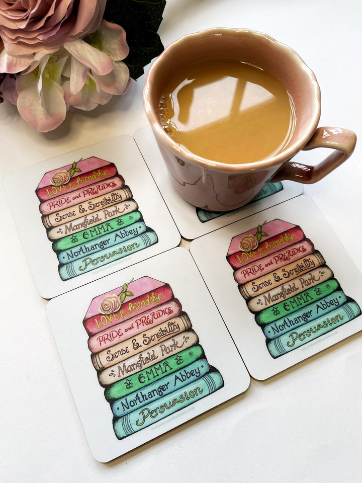 Jane Austen Classics Collection Book Stack Coasters (set of 4), Made in the UK using FSC sustainable wood