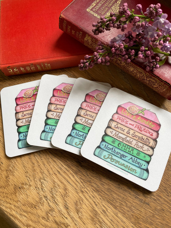 Jane Austen Classics Collection Book Stack Coasters (set of 4), Made in the UK using FSC sustainable wood