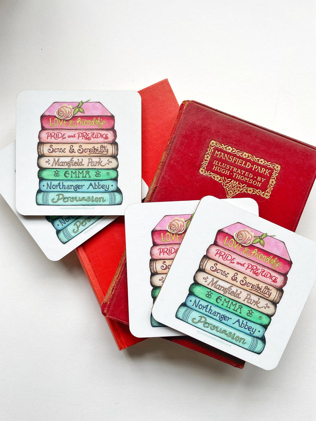 Jane Austen Classics Collection Book Stack Coasters (set of 4), Made in the UK using FSC sustainable wood