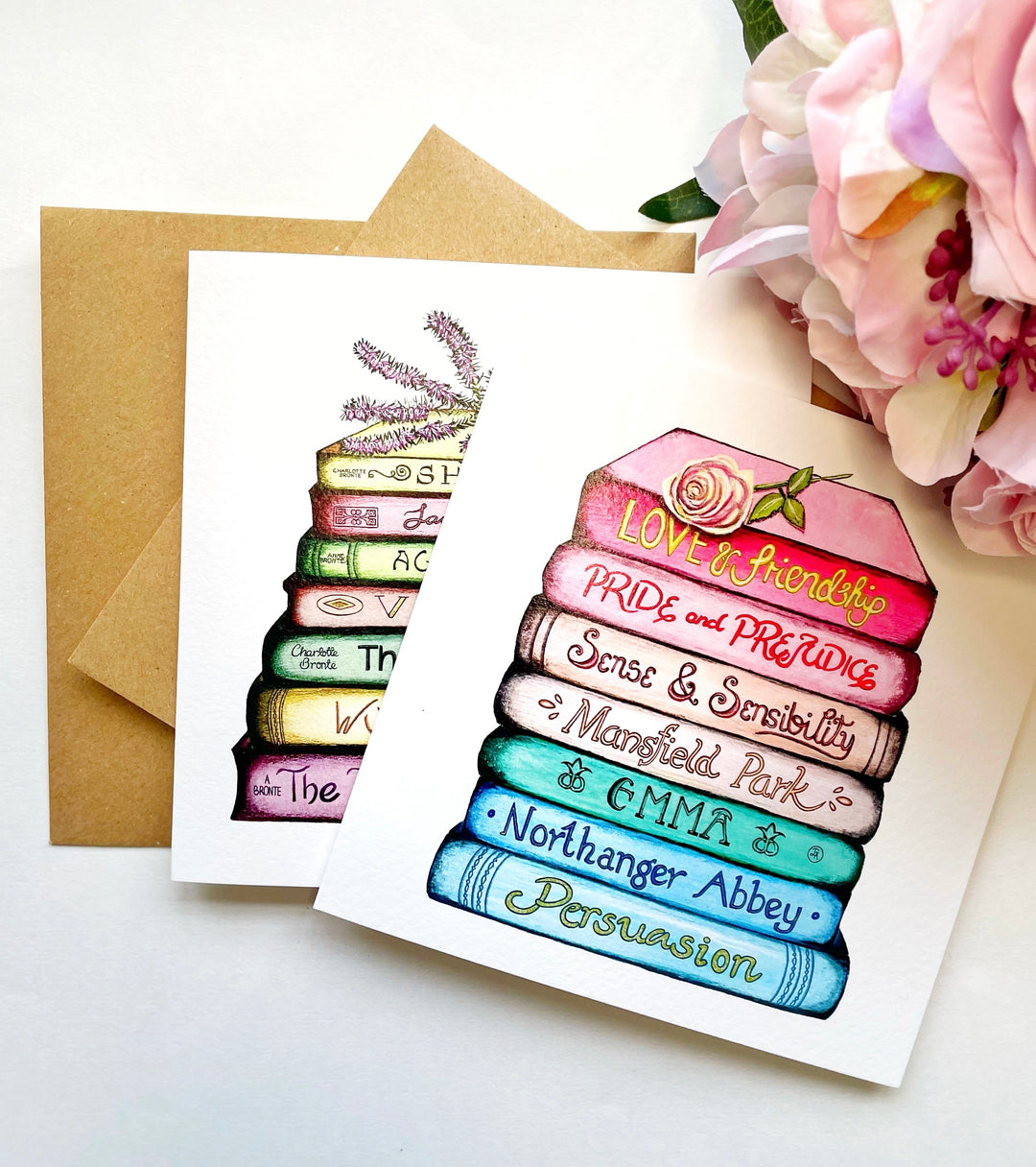 A Pair of Jane Austen & Bronte Classics Collection Book Stack Greetings Cards