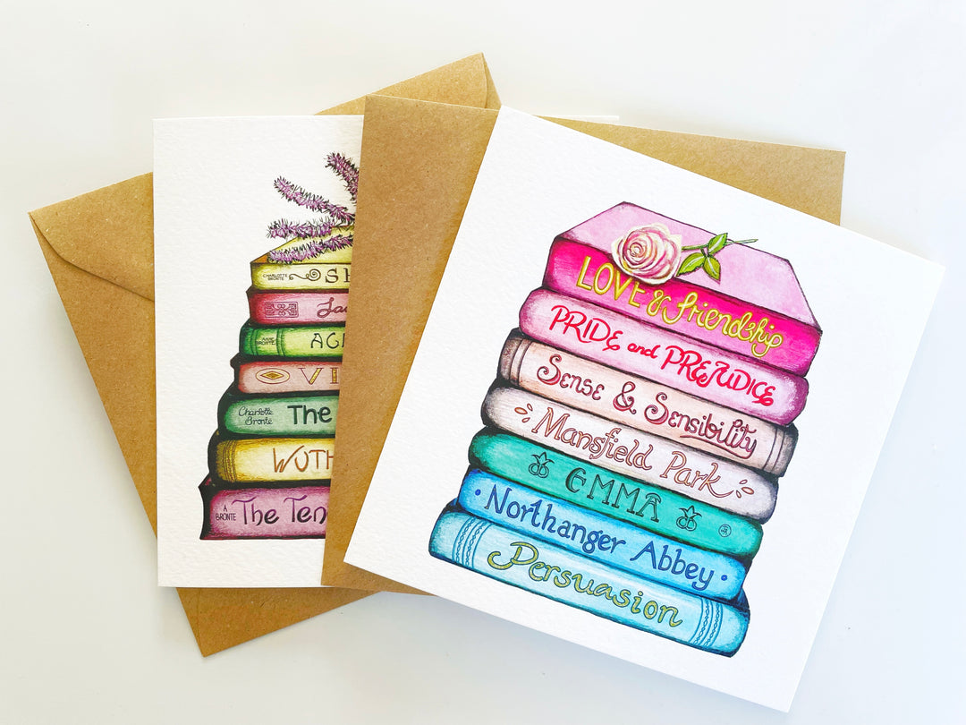 A Pair of Jane Austen & Bronte Classics Collection Book Stack Greetings Cards
