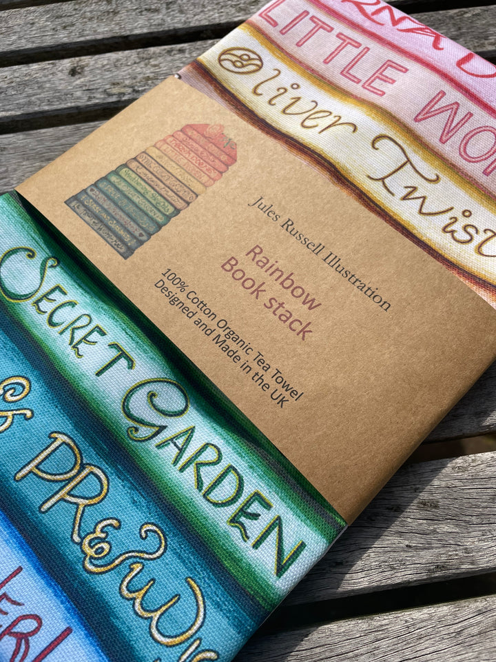 Rainbow Classics Collection Book Stack Tea-Towel, 100% Organic cotton, UK Made
