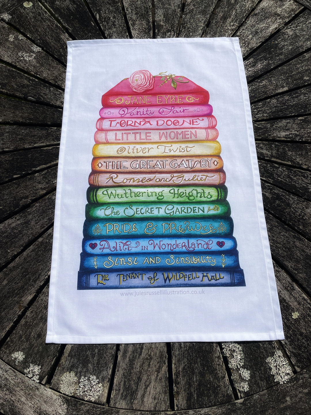 Rainbow Classics Collection Book Stack Tea-Towel, 100% Organic cotton, UK Made